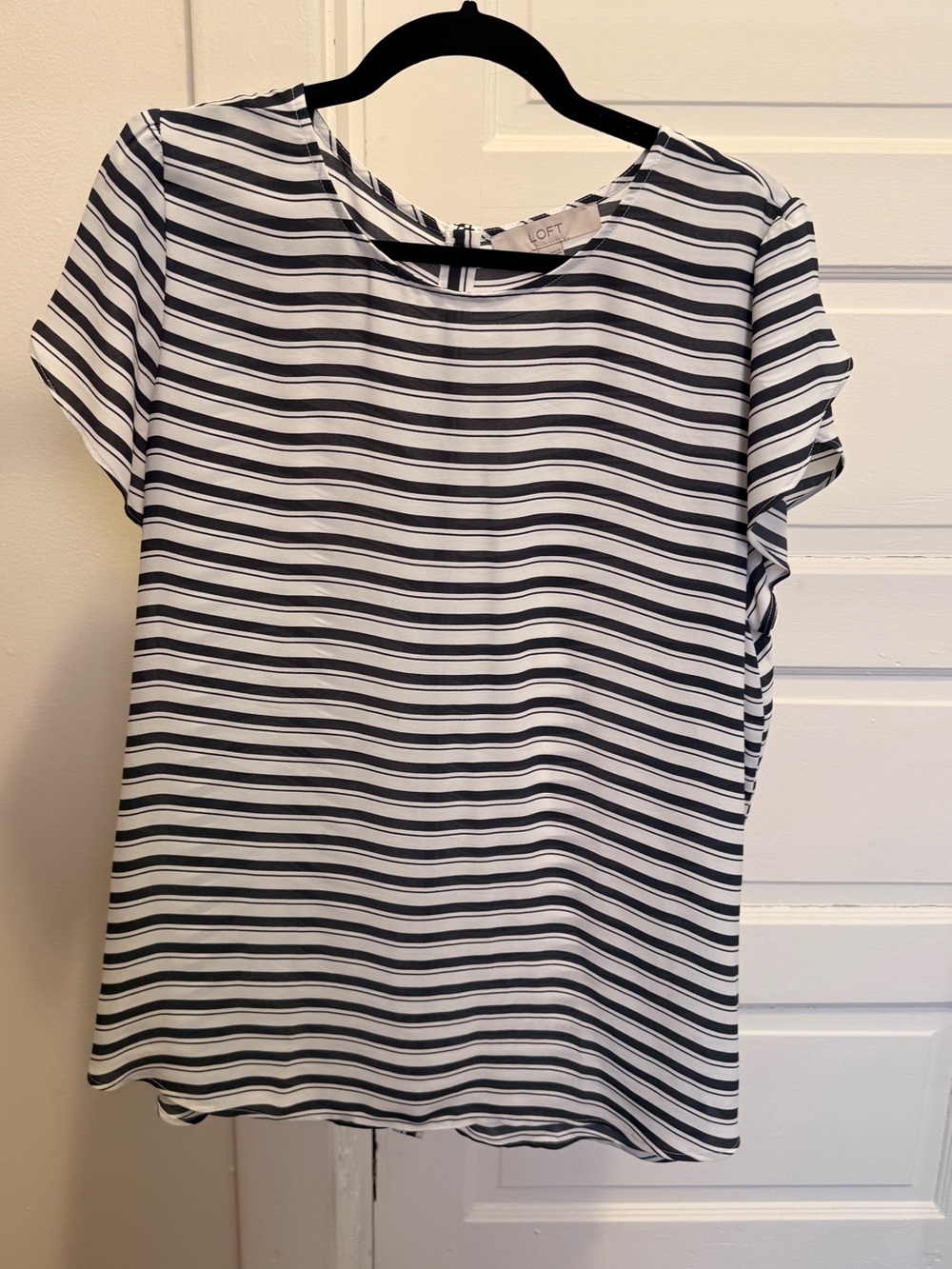 LOFT Grey and White Short Sleeve Striped Blouse